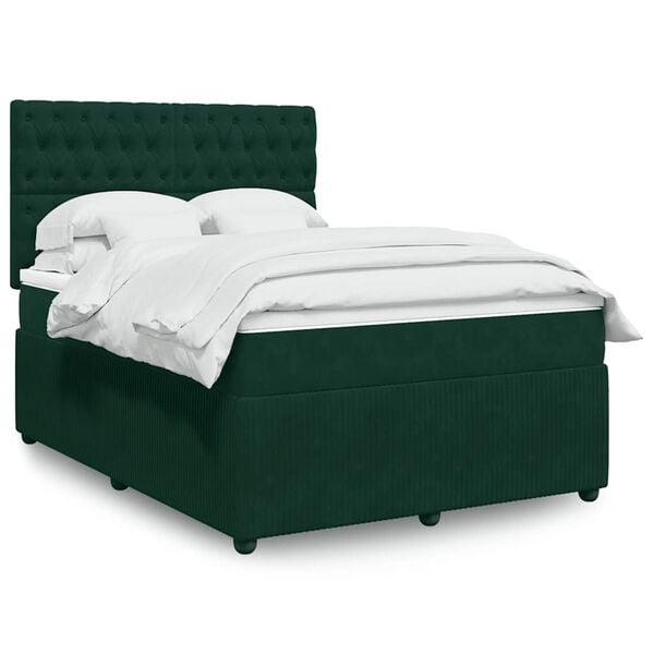 vidaXL Cama com molas/colch&atilde;o 140x190 cm veludo verde-escuro