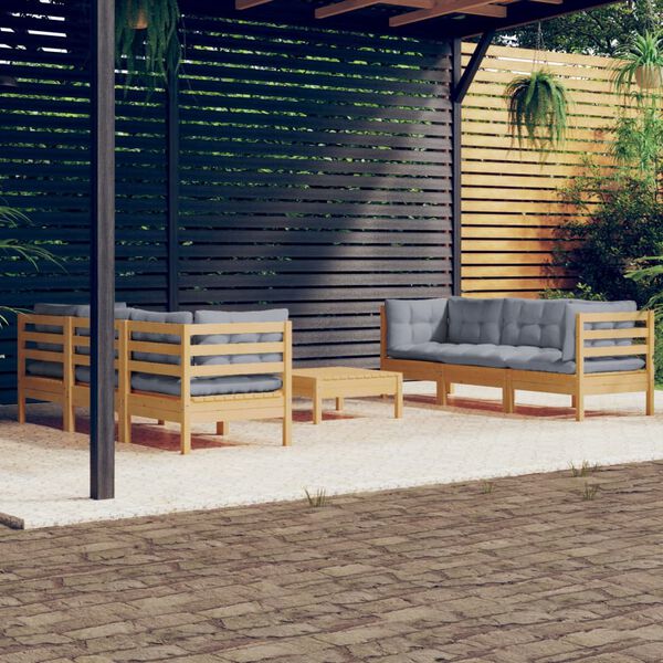 vidaXL 7 pcs conjunto lounge de jardim c/ almofad&otilde;es cinzentos pinho