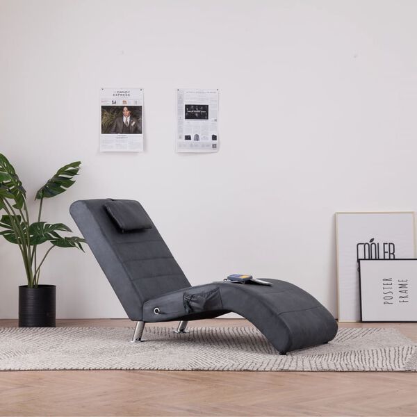 vidaXL Chaise longue de massagem c/ almofada camur&ccedil;a artif. cinzento