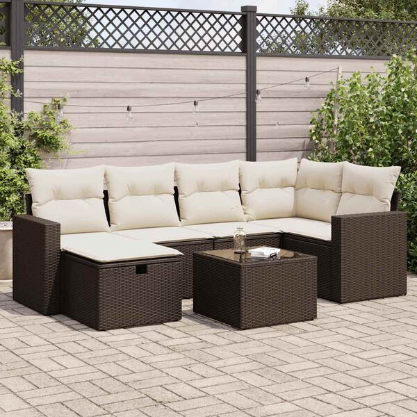 vidaXL 7 pcs conjunto de sof&aacute;s jardim c/ almofad&otilde;es vime PE castanho