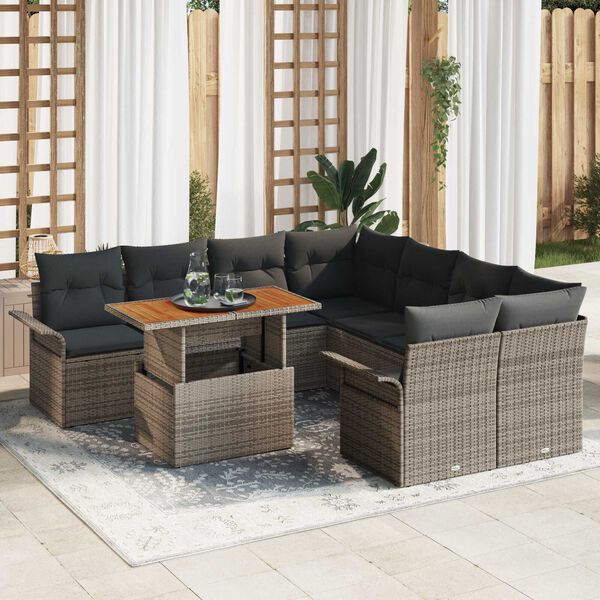 vidaXL Conjunto de Sof&aacute; de Jardim 9 pcs Cinzeto Rattan Sint&eacute;tico