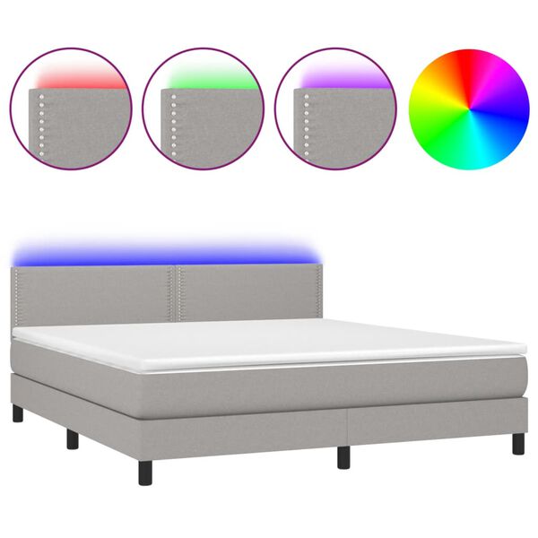 vidaXL Cama box spring c/ colch&atilde;o e LED 180x200 cm tecido cinza-claro