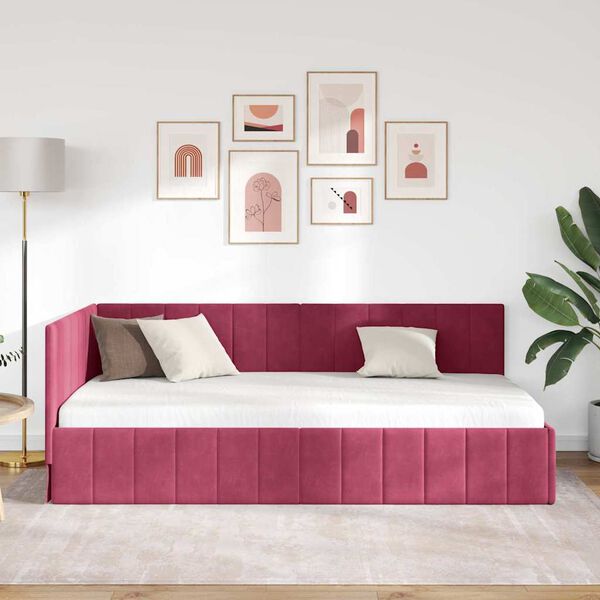 vidaXL Estrutura de Cama de Canto Vinho Vermelho 90 cm x 190 cm Veludo