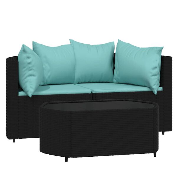 vidaXL 3 pcs conjunto lounge de jardim c/ almofadões vime PE preto