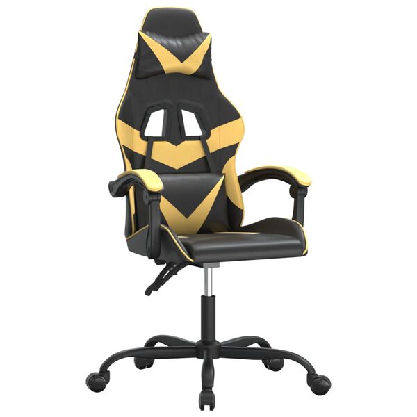 vidaXL Cadeira gaming giratória couro artificial preto e dourado