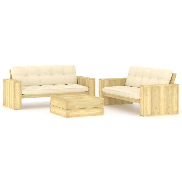 vidaXL 3 pcs conjunto lounge de jardim com almofad&otilde;es pinho impregnado