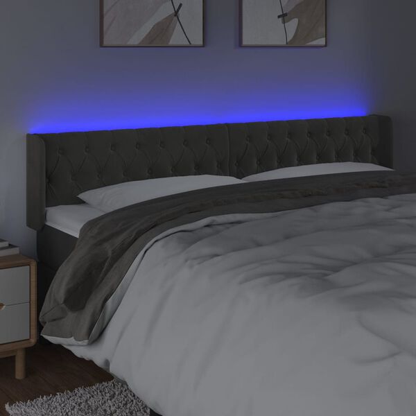 vidaXL Cabeceira cama c/ luzes LED veludo 183x16x78/88cm cinza-escuro