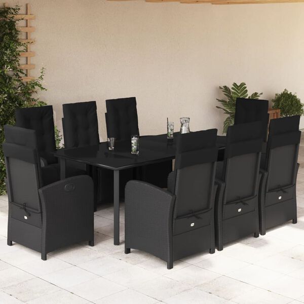 vidaXL 9 pcs conjunto de jantar p/ jardim c/ almofad&otilde;es vime PE preto