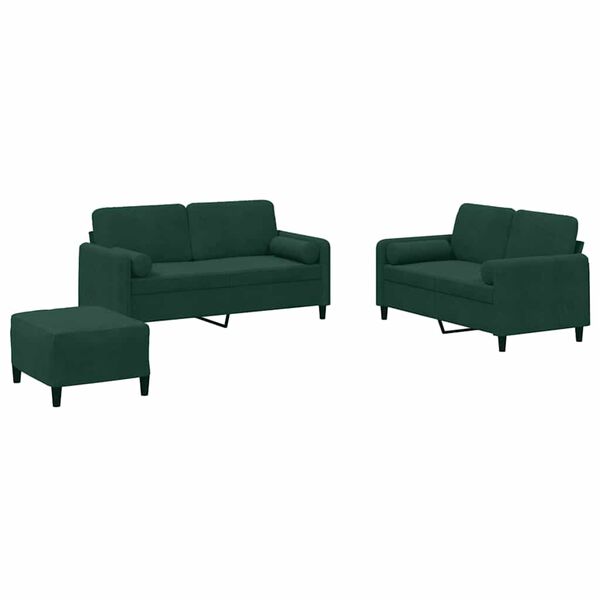 vidaXL 3 pcs conjunto de sof&aacute;s com almofadas veludo verde-escuro