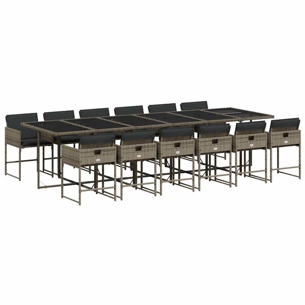 vidaXL 13 pcs conjunto jantar p/ jardim c/ almofad&otilde;es vime PE cinzento