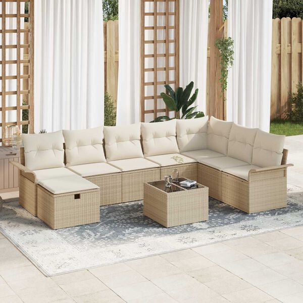 vidaXL Conjunto de Sof&aacute; de Jardim 9 pcs Bege Rattan Sint&eacute;tico