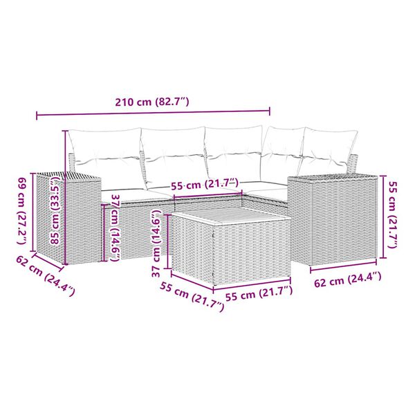 vidaXL 5 pcs conjunto sof&aacute;s de jardim com almofad&otilde;es vime PE preto