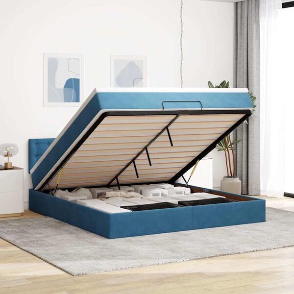 vidaXL Estrutura de cama otomana com colch&atilde;o 180x200 cm azul escuro