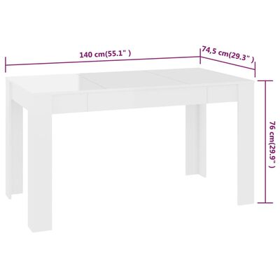 vidaXL Mesa de jantar 140x74,5x76 cm contraplacado branco brilhante