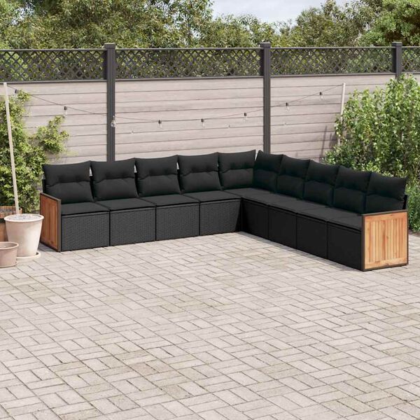 vidaXL 9 pcs conjunto de sof&aacute;s p/ jardim c/ almofad&otilde;es vime PE preto