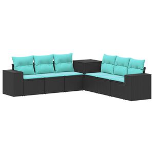 vidaXL Conjunto de Sof&aacute;s 7 unid. Preto e Azul Rattan Poli&eacute;ster e A&ccedil;o