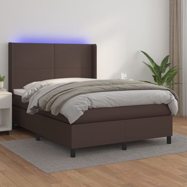 vidaXL Cama box spring c/ colch&atilde;o/LED 140x190 cm couro artif. castanho