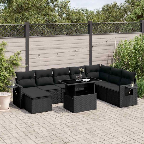 vidaXL 8 pcs conjunto sof&aacute;s de jardim com almofad&otilde;es vime PE preto