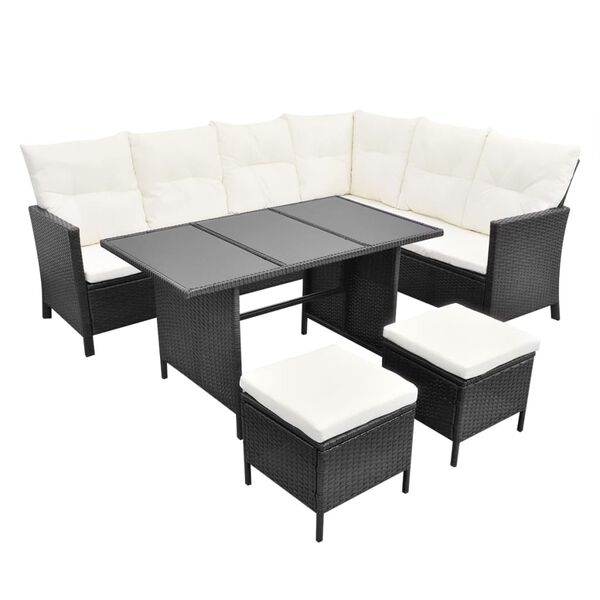 vidaXL 4 pcs conjunto lounge de jardim c/ almofad&otilde;es vime PE preto