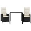 vidaXL 3 pcs conjunto bistr&ocirc; de jardim c/ almofad&otilde;es vime PE preto