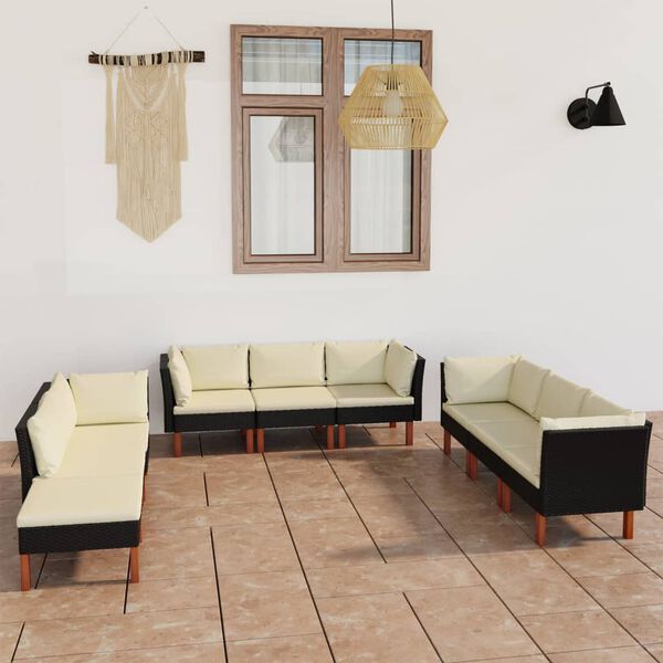 vidaXL 9 pcs conjunto lounge de jardim c/ almofad&otilde;es vime PE preto
