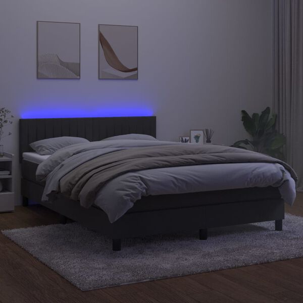 vidaXL Cama box spring c/ colch&atilde;o/LED 140x190cm veludo cinzento-escuro