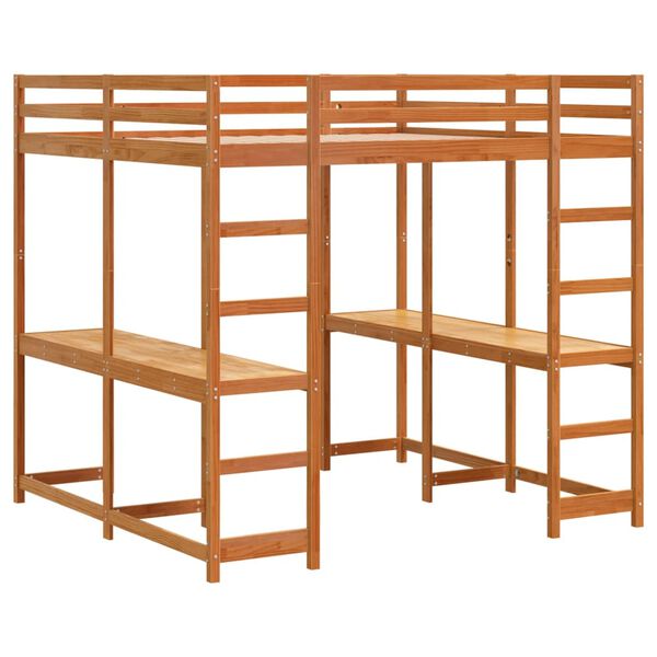 vidaXL Cama alta com secret&aacute;ria e escada pinho maci&ccedil;o castanho-mel