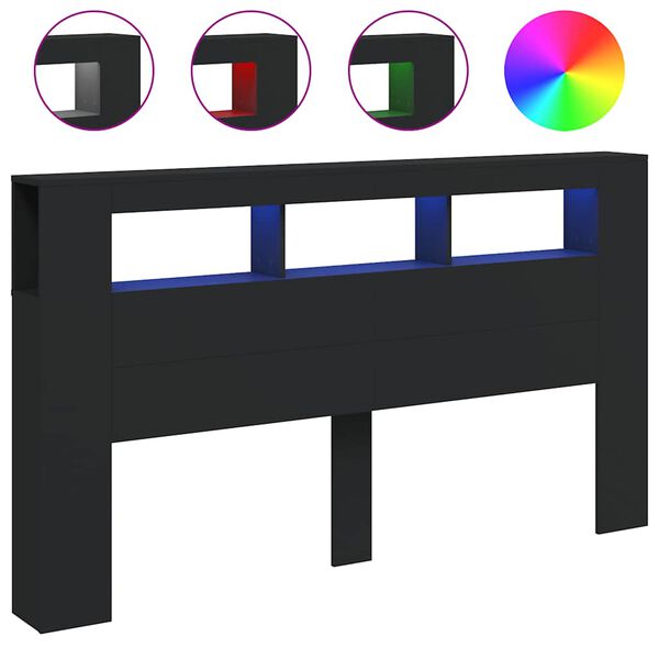 vidaXL Cabeceira cama c/ LEDs 180x18,5x103,5 cm deriv. madeira preto