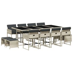 vidaXL 13 pcs conj. jantar jardim c/ almofad&otilde;es vime PE cinzento-claro