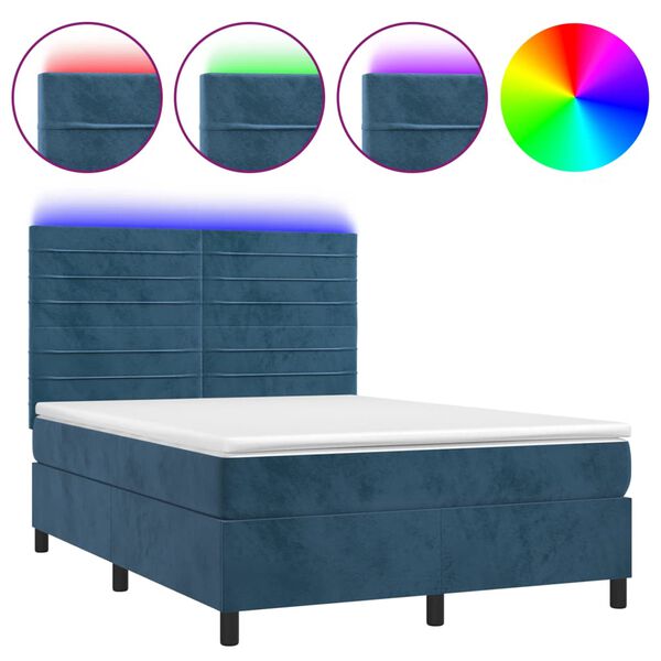 vidaXL Cama box spring c/ colch&atilde;o/LED 140x200 cm veludo azul-escuro