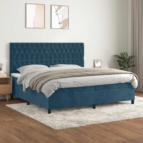 vidaXL Cama com molas/colch&atilde;o 200x200 cm veludo azul-escuro