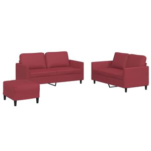 vidaXL 3 pcs conjunto sof&aacute;s c/ almofad&otilde;es couro artif. vermelho tinto