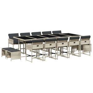 vidaXL 15 pcs conj. jantar jardim c/ almofad&otilde;es vime PE cinzento-claro