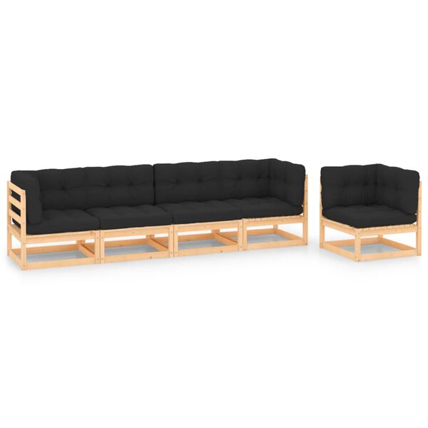 vidaXL 5 pcs conjunto lounge de jardim c/ almofadões pinho maciço
