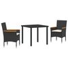 vidaXL Conjunto de Jantar para Jardim com almofada 3 pcs Preto vime PE
