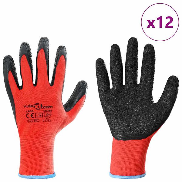 vidaXL Luvas de Trabalho 12 pcs Vermelho e Preto 9 / l