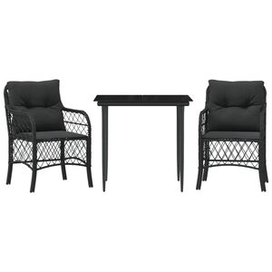 vidaXL 3 pcs conjunto de bistr&ocirc; com almofad&otilde;es vime PE preto