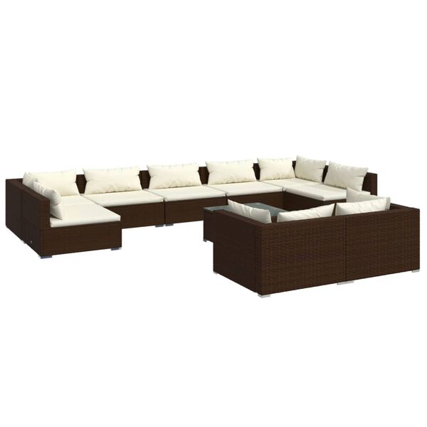vidaXL 10 pcs conjunto lounge de jardim c/ almofad&otilde;es vime PE castanho