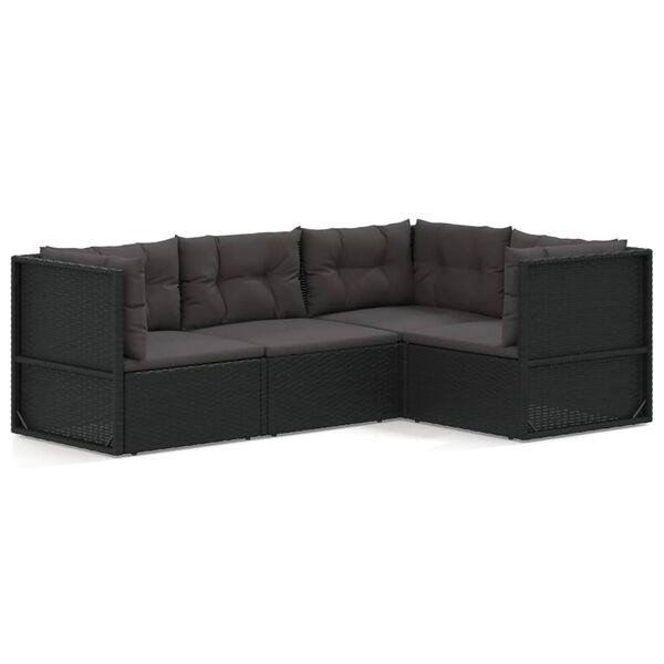vidaXL 4 pcs conjunto lounge de jardim c/ almofad&otilde;es vime PE preto