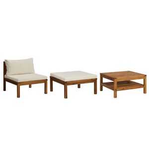 vidaXL 3 pcs conj. lounge de jardim c/ almofad&otilde;es branco nata ac&aacute;cia