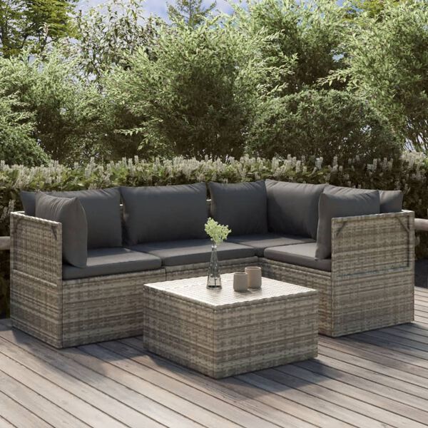 vidaXL 5 pcs conjunto lounge de jardim c/ almofad&otilde;es vime PE cinzento