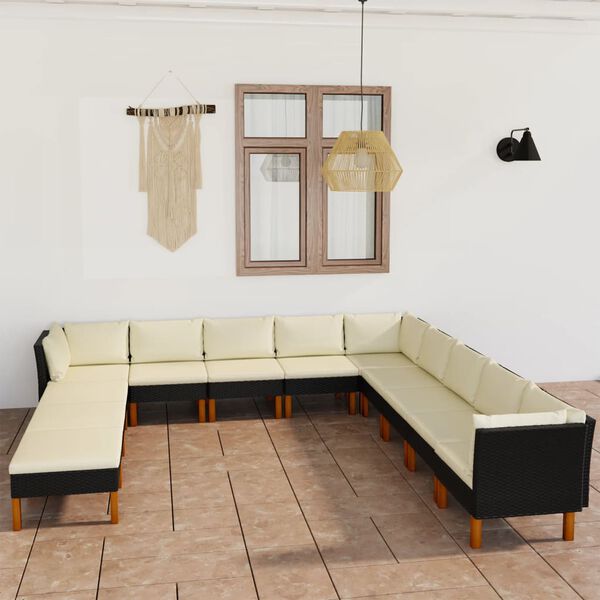 vidaXL 12 pcs conjunto lounge de jardim c/ almofad&otilde;es vime PE preto