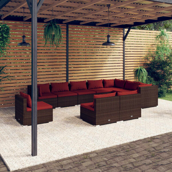 vidaXL 10 pcs conjunto lounge de jardim c/ almofad&otilde;es vime PE castanho