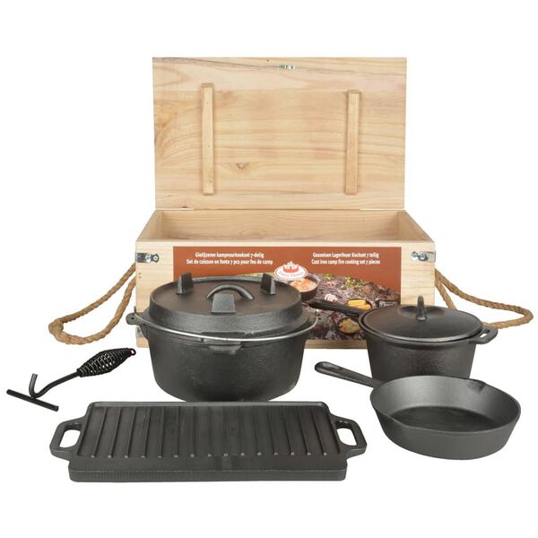 Esschert Design 7 pcs conjunto de cozinha para campismo preto FF240