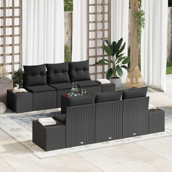 vidaXL Conjunto de Sof&aacute; de Jardim com almofada 7 pcs Preto vime PE