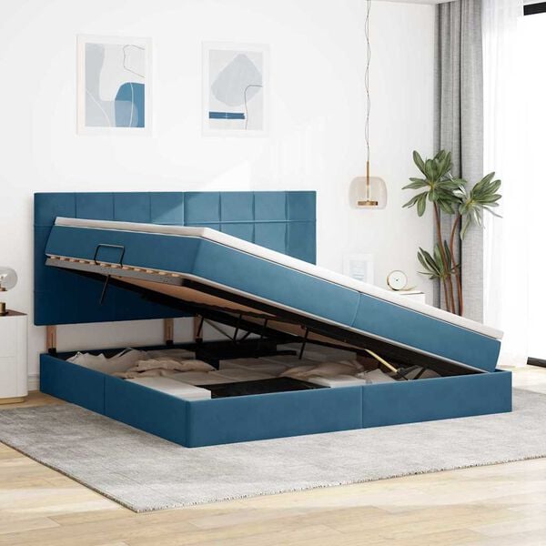 vidaXL Cama com arruma&ccedil;&atilde;o e colch&atilde;o Azul Escuro 200 x 200 cm Veludo