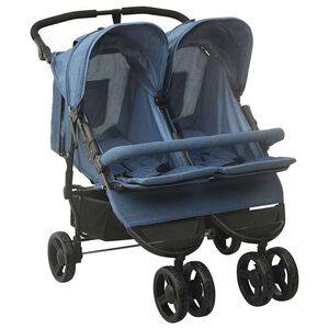 vidaXL Carrinho de beb&eacute;s para g&eacute;meos a&ccedil;o azul-marinho
