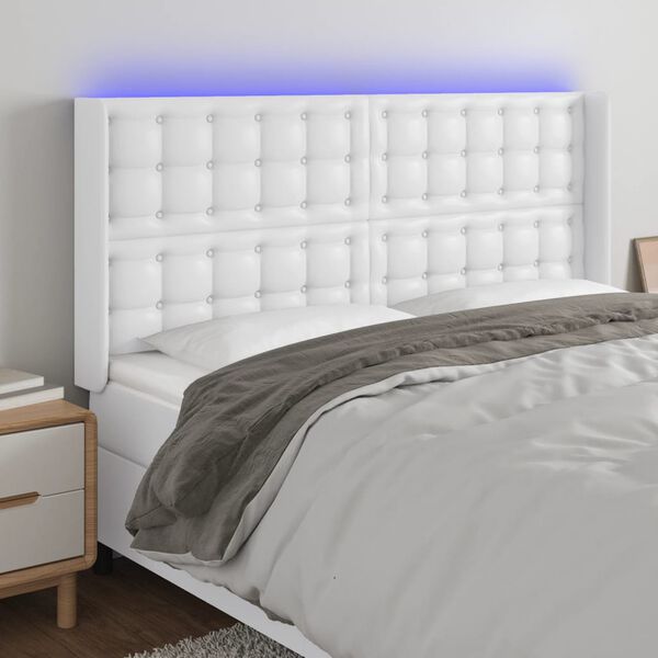vidaXL Cabeceira cama c/ LED couro artificial 203x16x118/128 cm branco