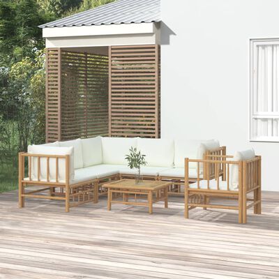 vidaXL 7 pcs conjunto lounge de jardim bambu c/ almofadões branco nata