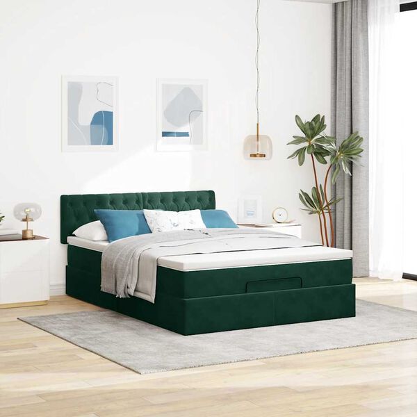 vidaXL Estrutura de cama otomana com colch&atilde;o 140x200 cm verde escuro